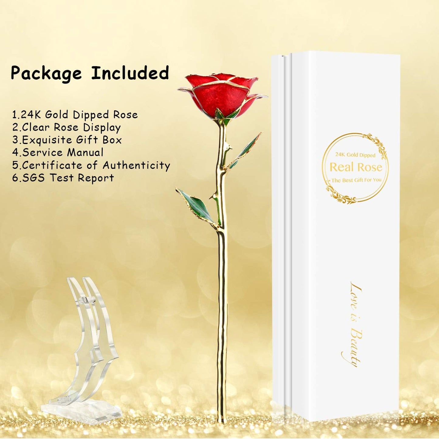 24K Gold-Dipped Real Rose with Display Stand – Anniversary Gift