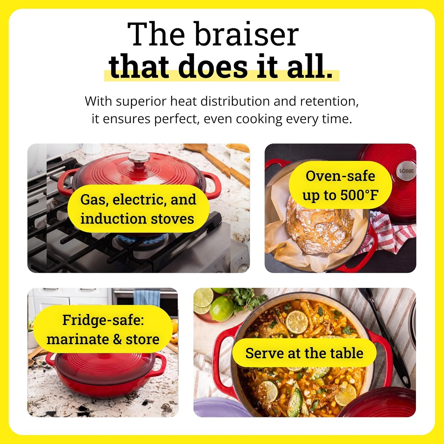 Enamel Cast Iron Braiser 3.5 Quart – Oven-Safe Dutch Oven Pan