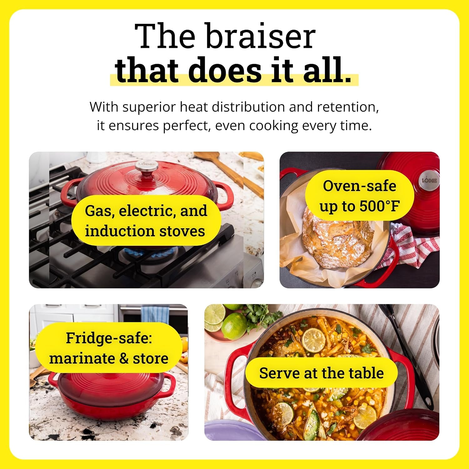 Enamel Cast Iron Braiser 3.5 Quart – Oven-Safe Dutch Oven Pan