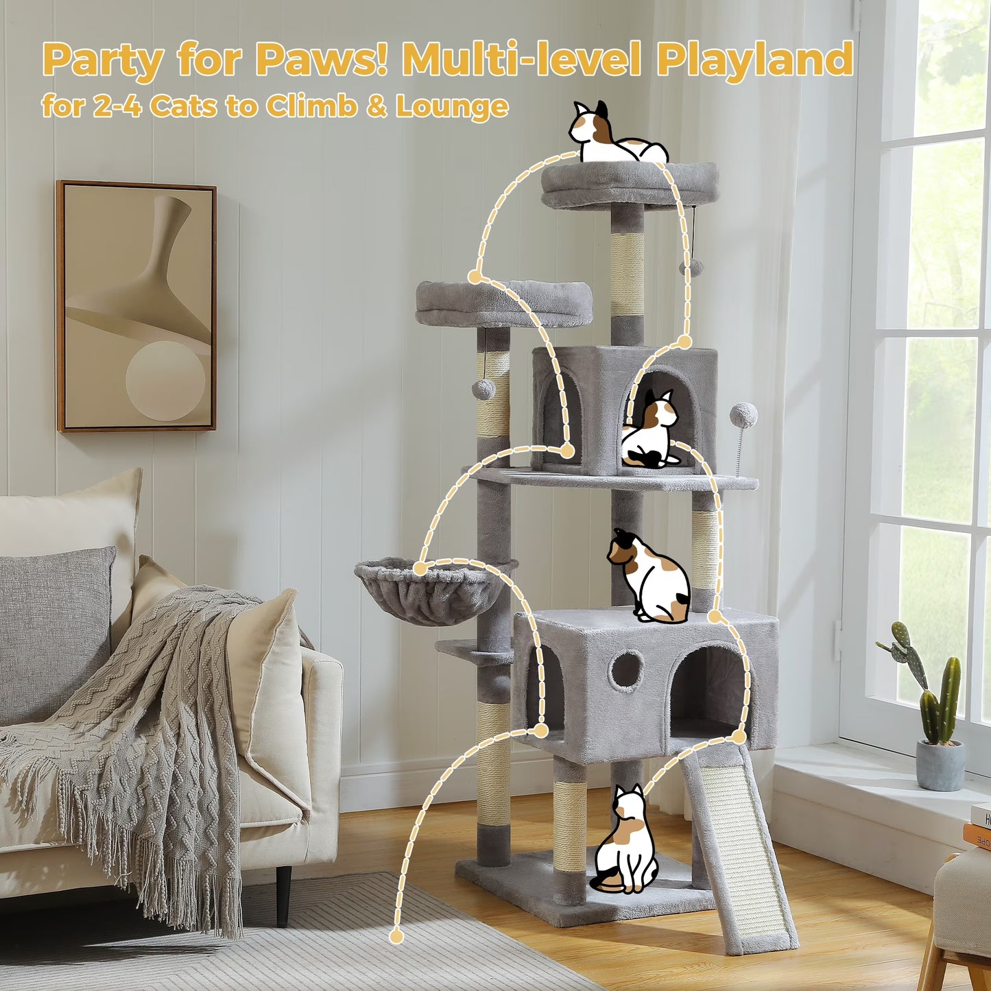 64 Inch Multi-Level Cat Tree Scratching Post Tower