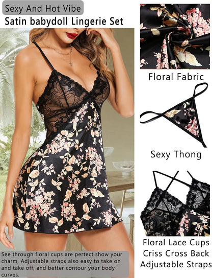Satin Lace Chemise Nightgown – V-Neck Babydoll Sleepwear