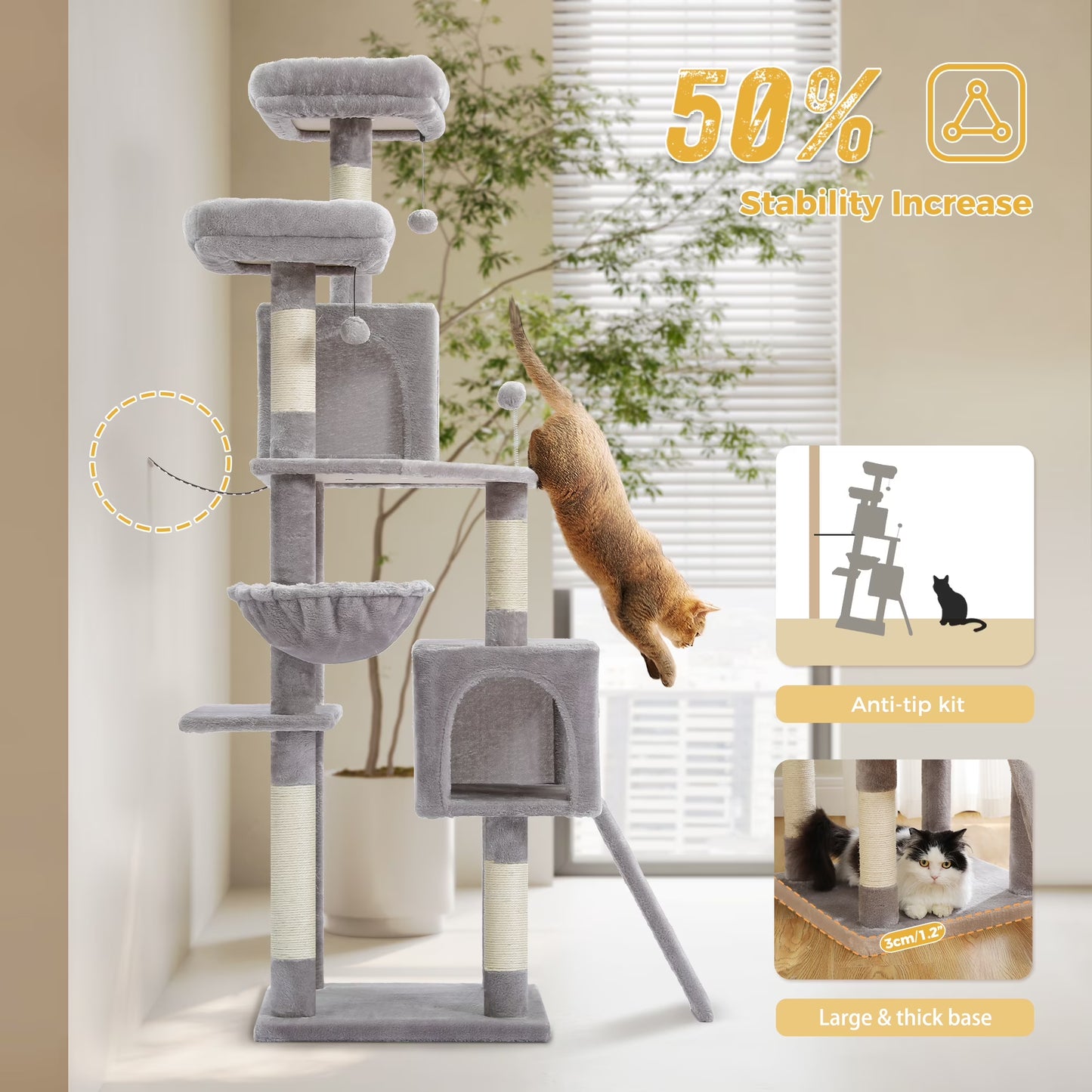 64 Inch Multi-Level Cat Tree Scratching Post Tower