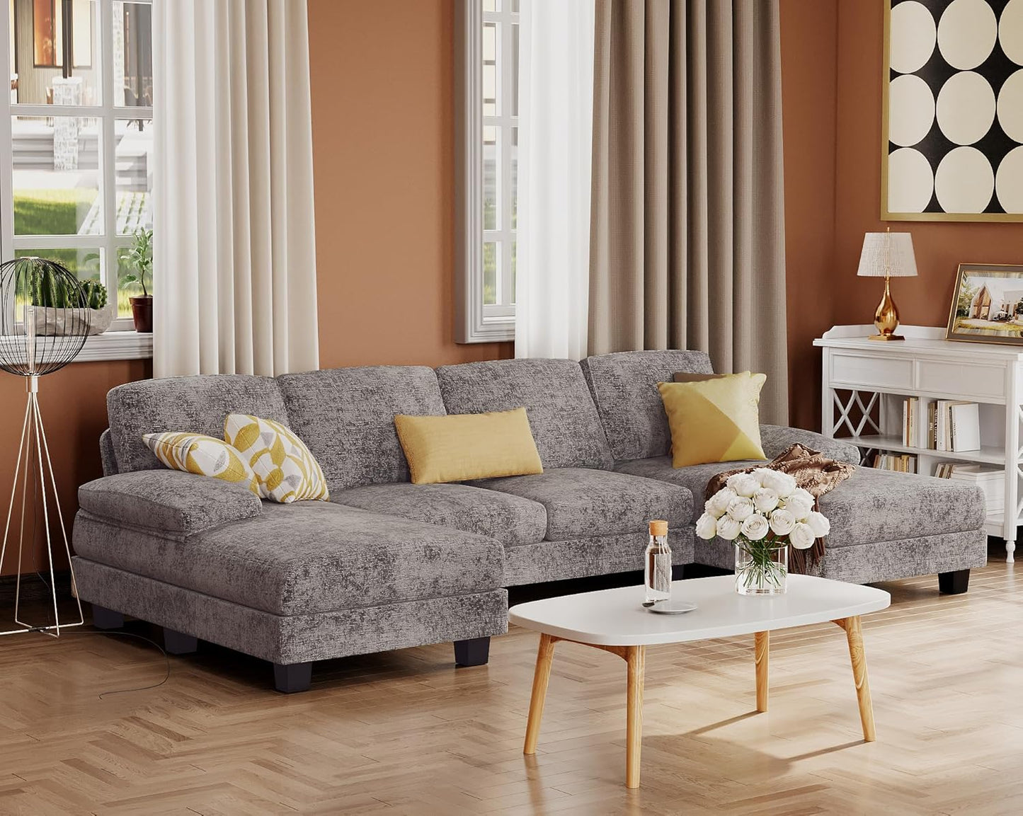 Sectional Couches for Living Room, Chenille, Grey