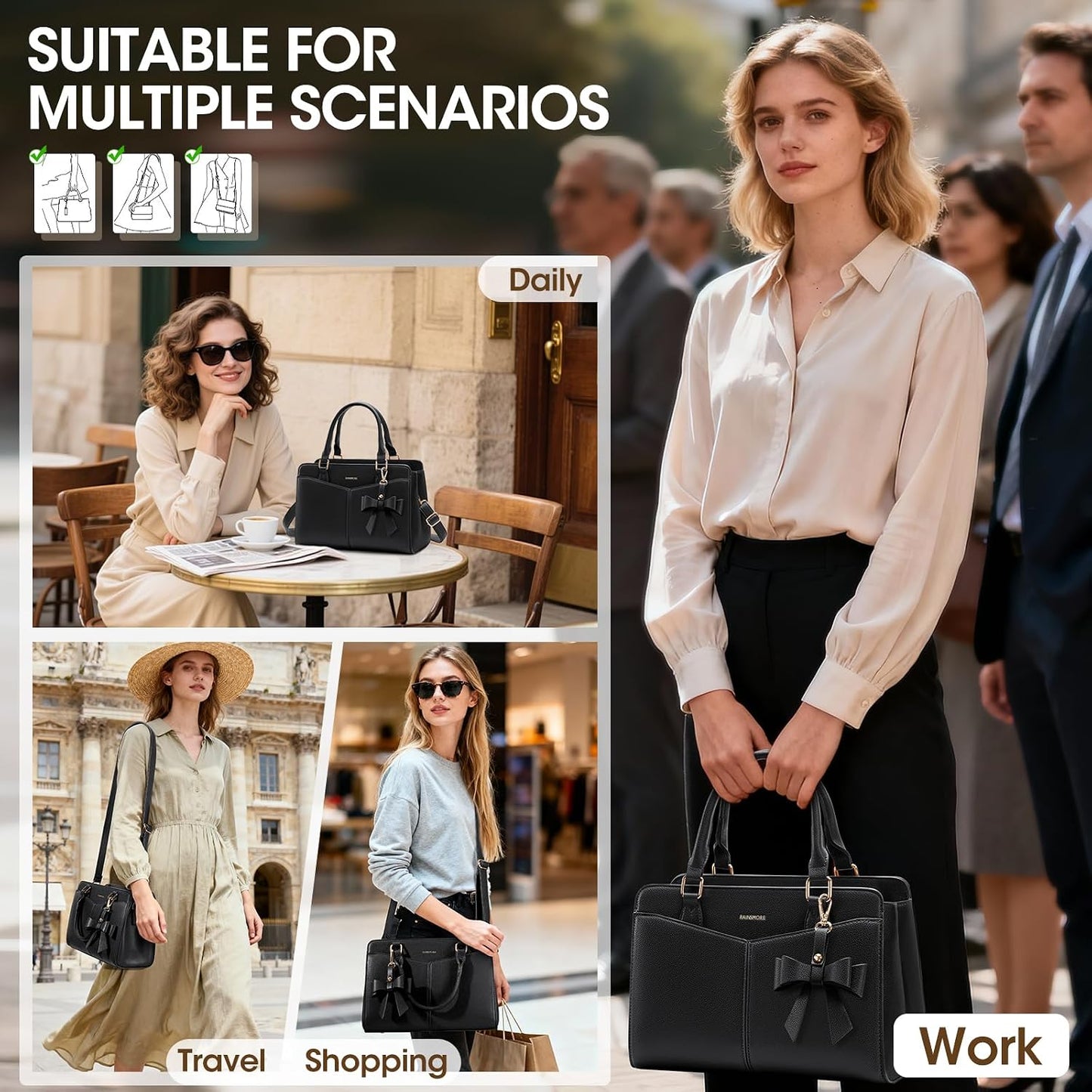PU Leather Structured Satchel Purse with Shoulder Strap