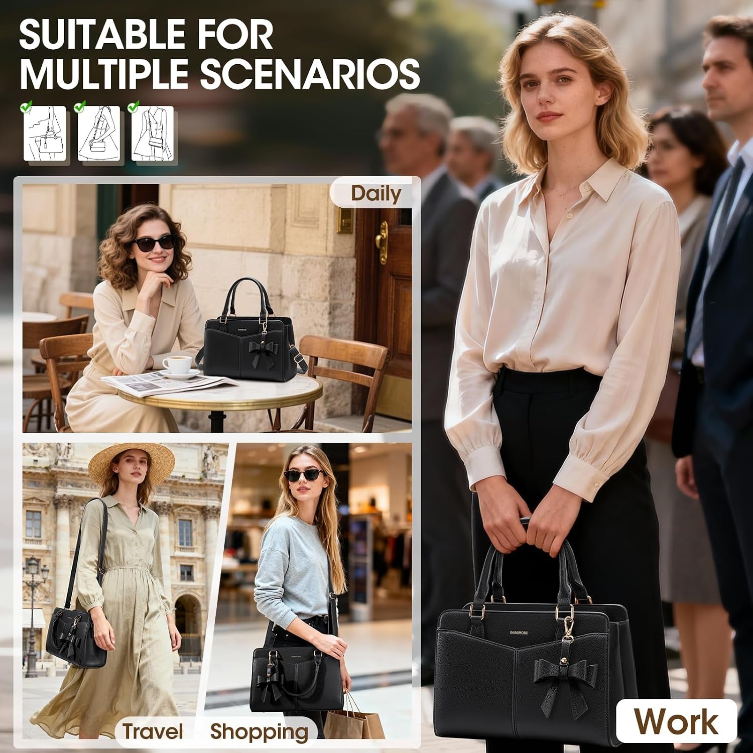 PU Leather Structured Satchel Purse with Shoulder Strap