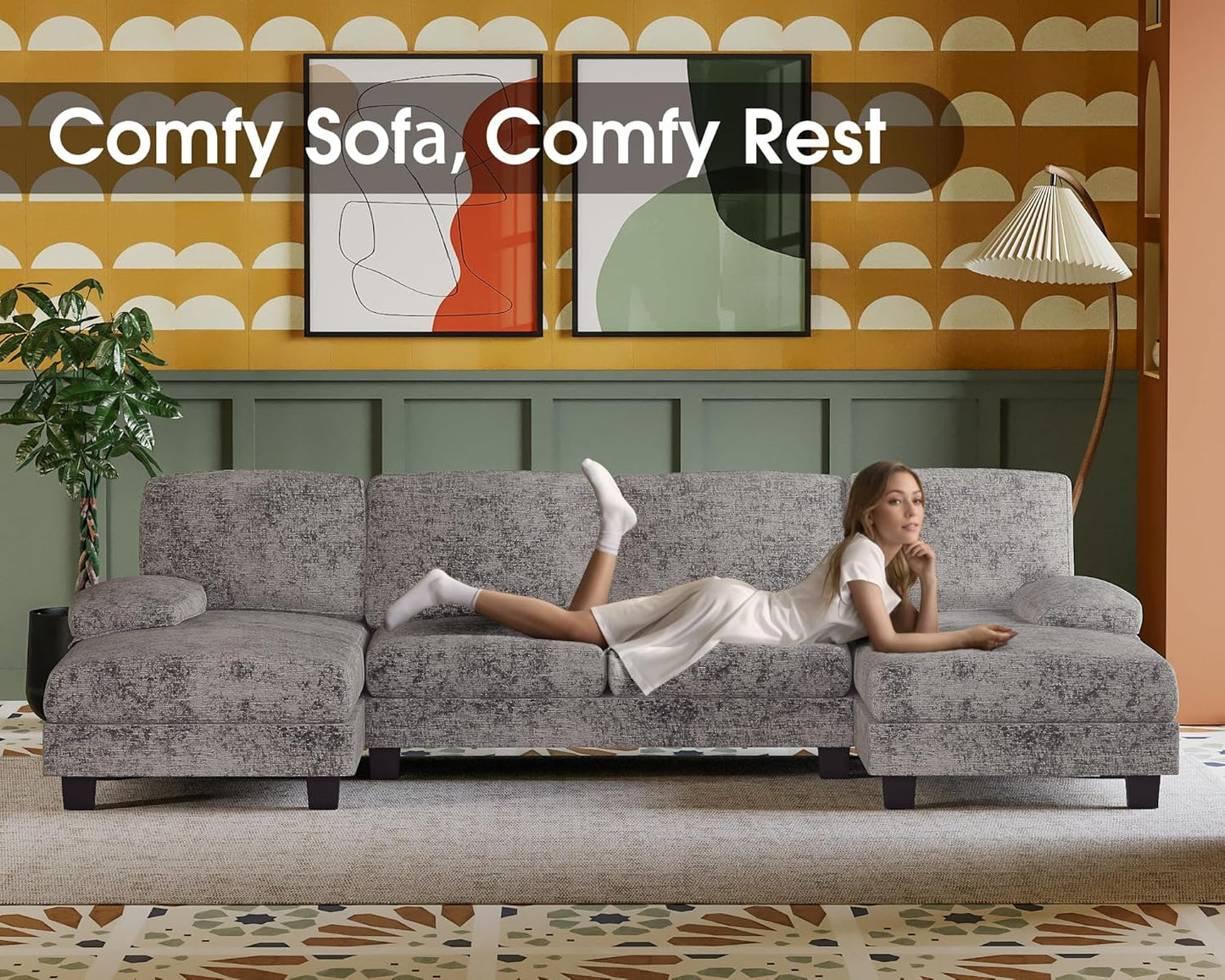 Sectional Couches for Living Room, Chenille, Grey