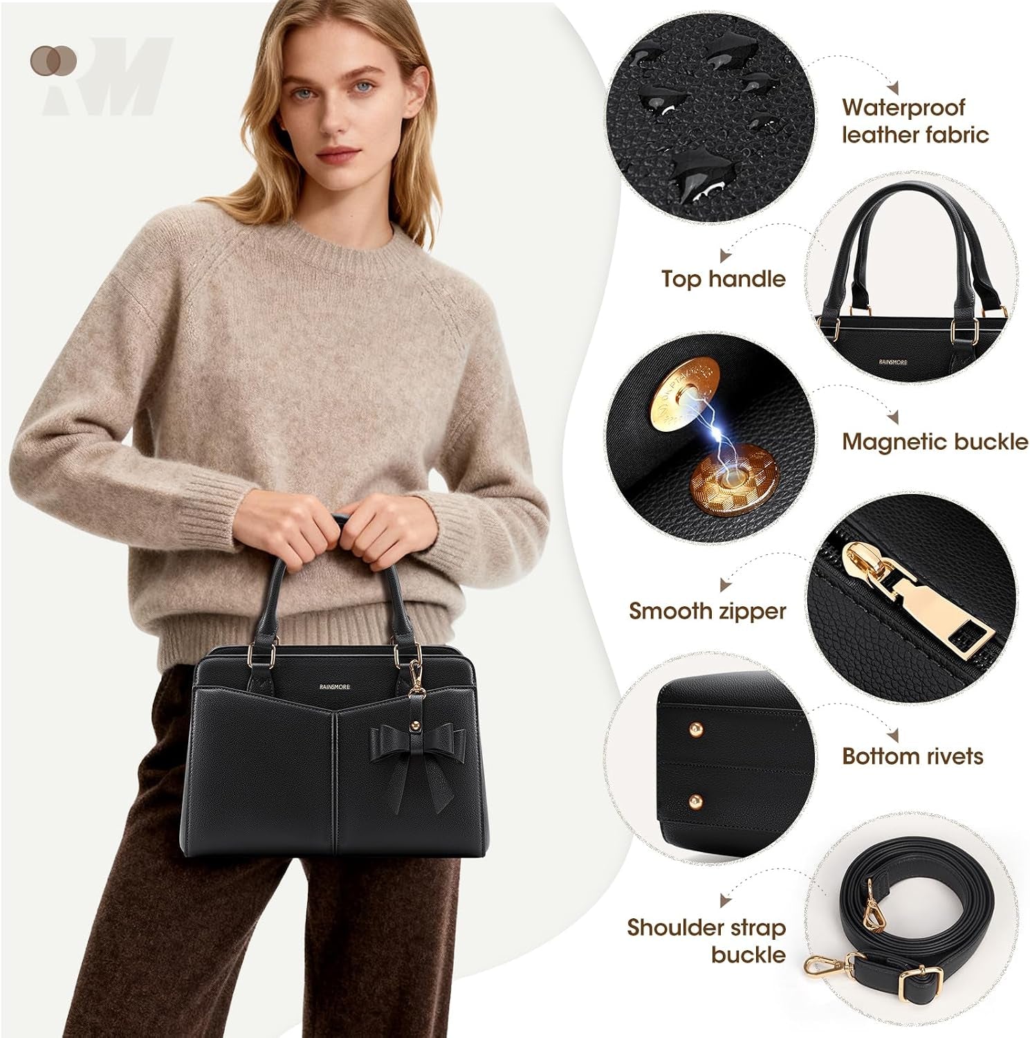 PU Leather Structured Satchel Purse with Shoulder Strap