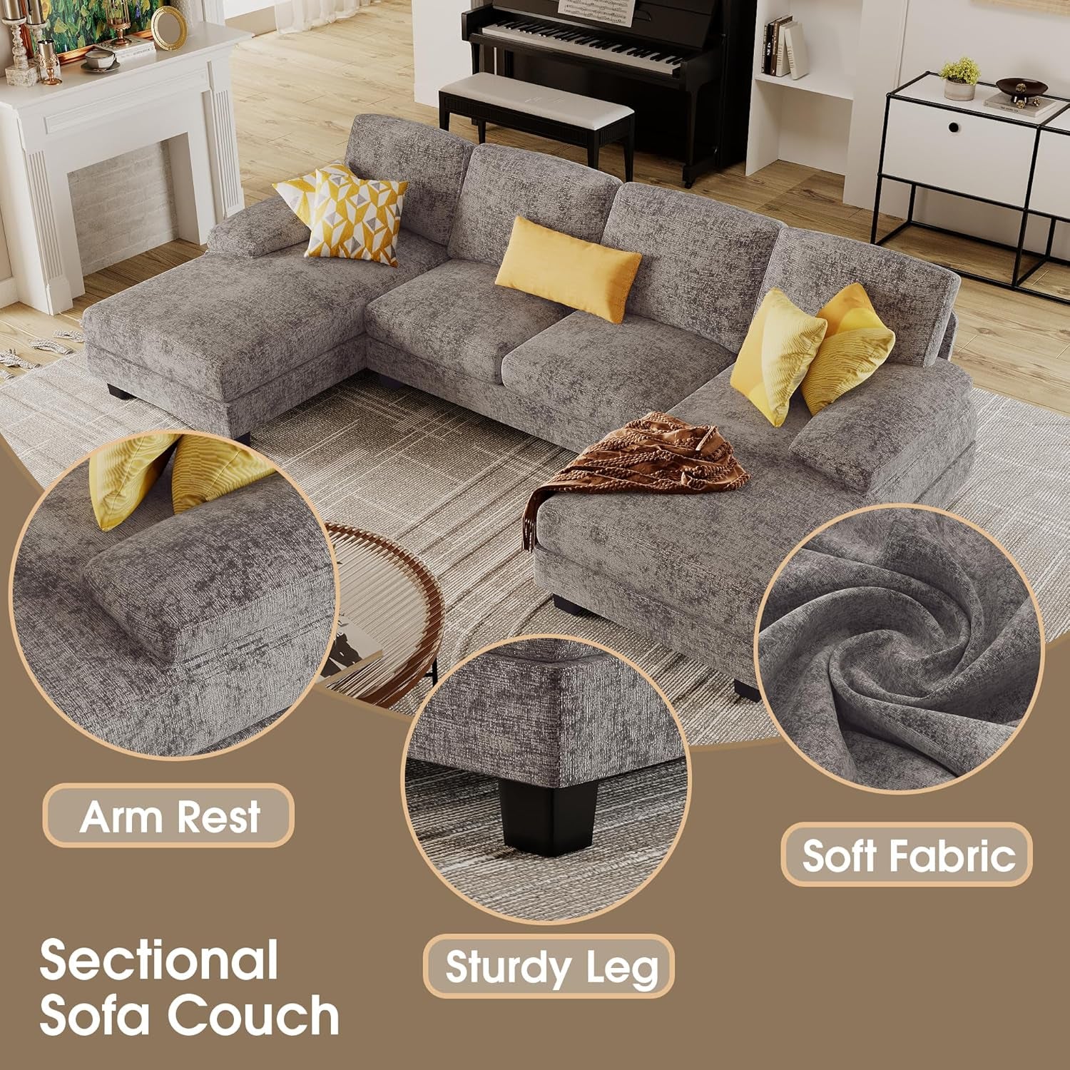 Sectional Couches for Living Room, Chenille, Grey