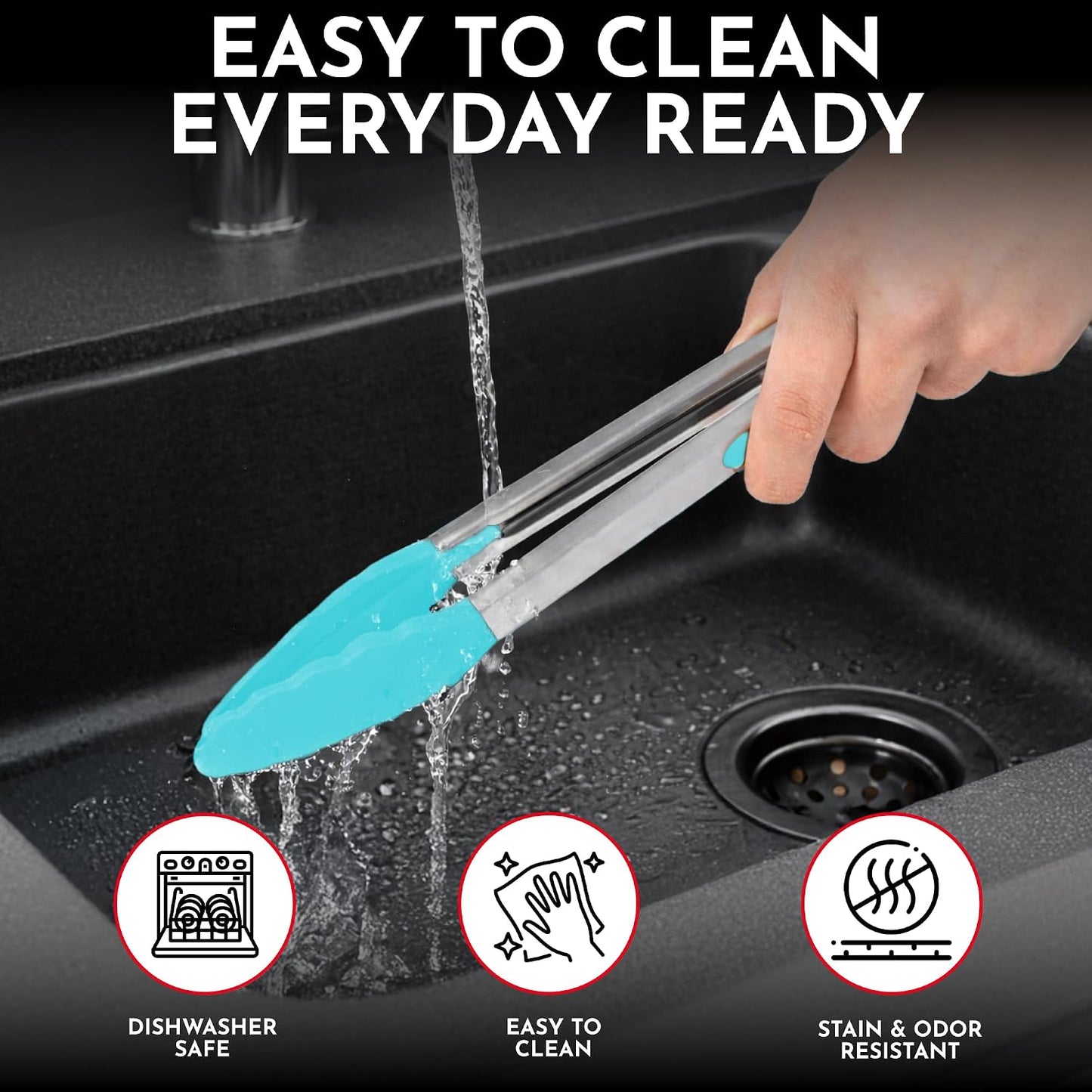 Kitchen Tongs - 12, 9 & 7 Inch Locking Silicone Tongs for Cooking, Set of 3 | Aqua Tongs with Silicone Tips, Heat Resistant Tongs for Grilling, Serving, Mixing