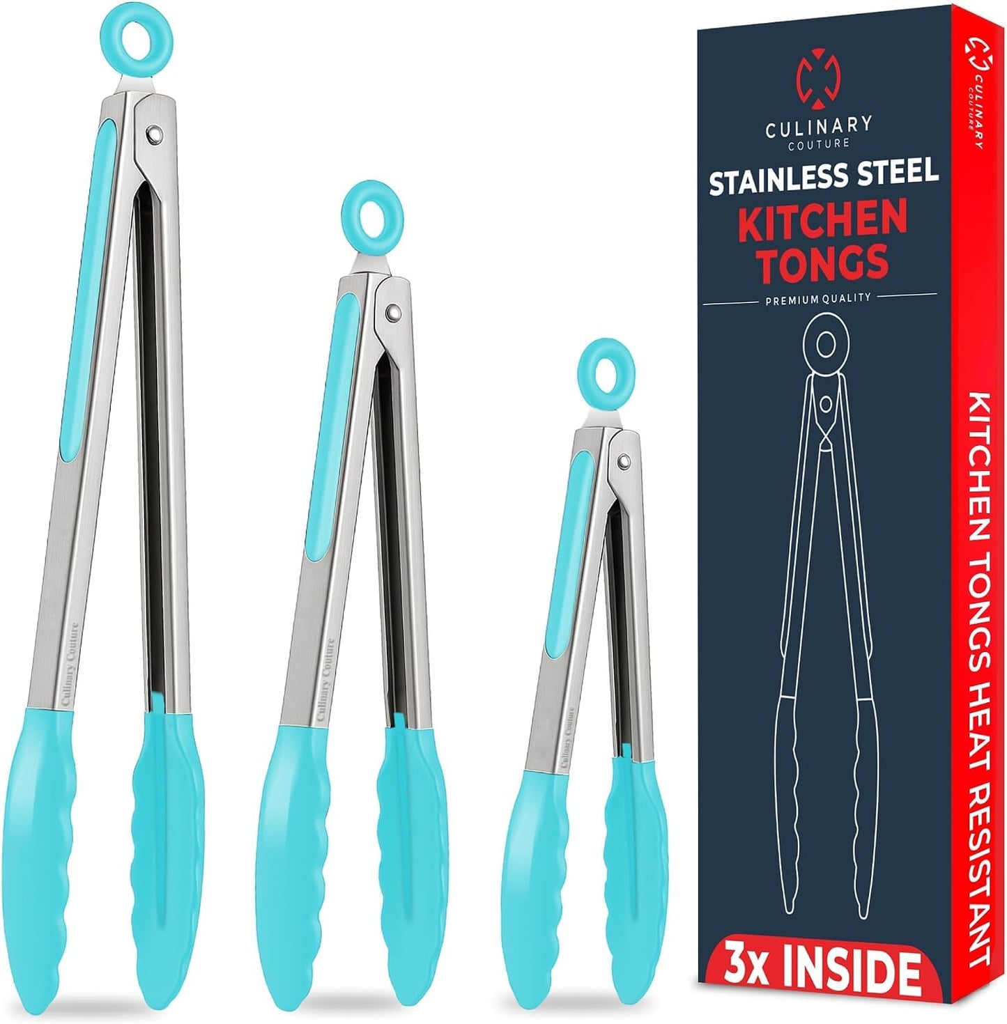 Kitchen Tongs - 12, 9 & 7 Inch Locking Silicone Tongs for Cooking, Set of 3 | Aqua Tongs with Silicone Tips, Heat Resistant Tongs for Grilling, Serving, Mixing