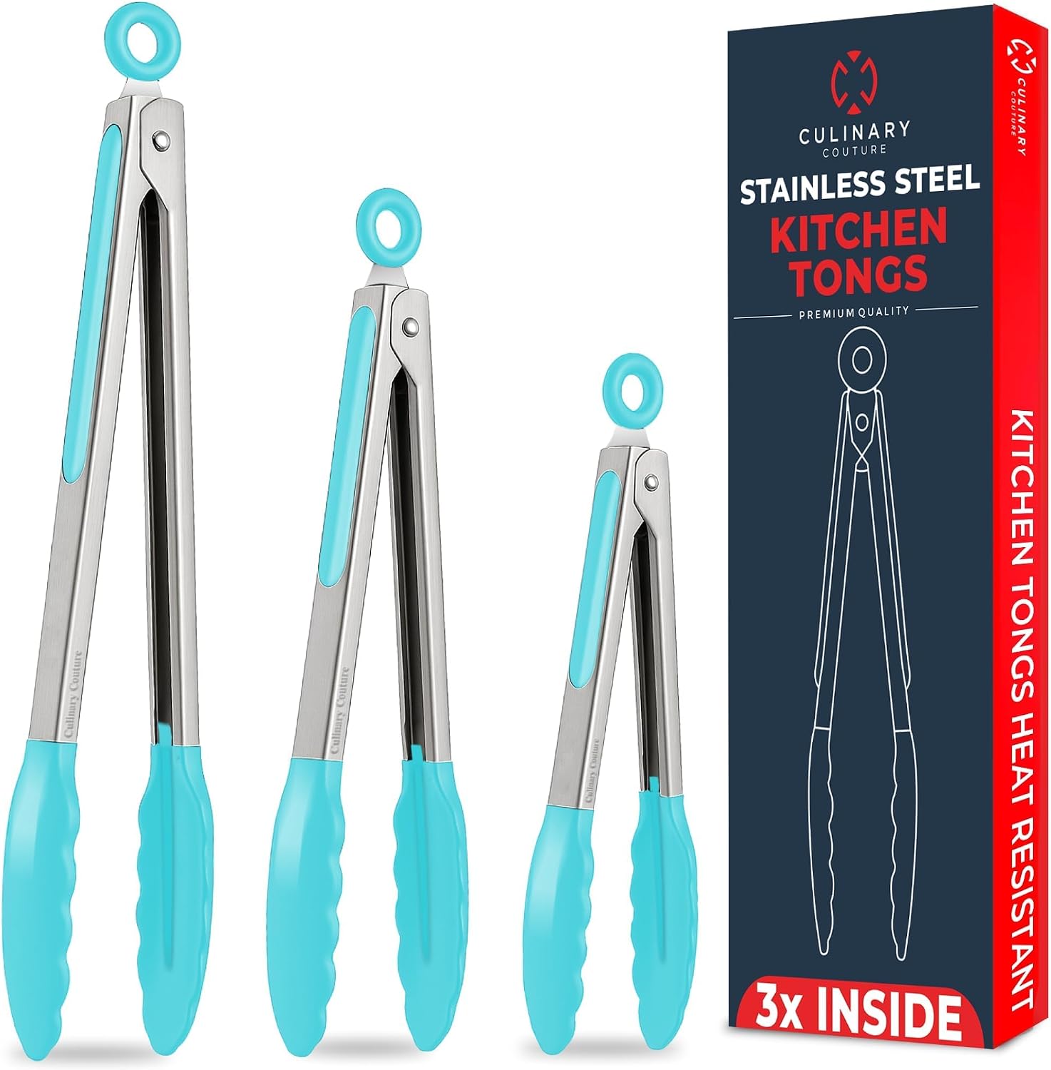 Kitchen Tongs - 12, 9 & 7 Inch Locking Silicone Tongs for Cooking, Set of 3 | Aqua Tongs with Silicone Tips, Heat Resistant Tongs for Grilling, Serving, Mixing