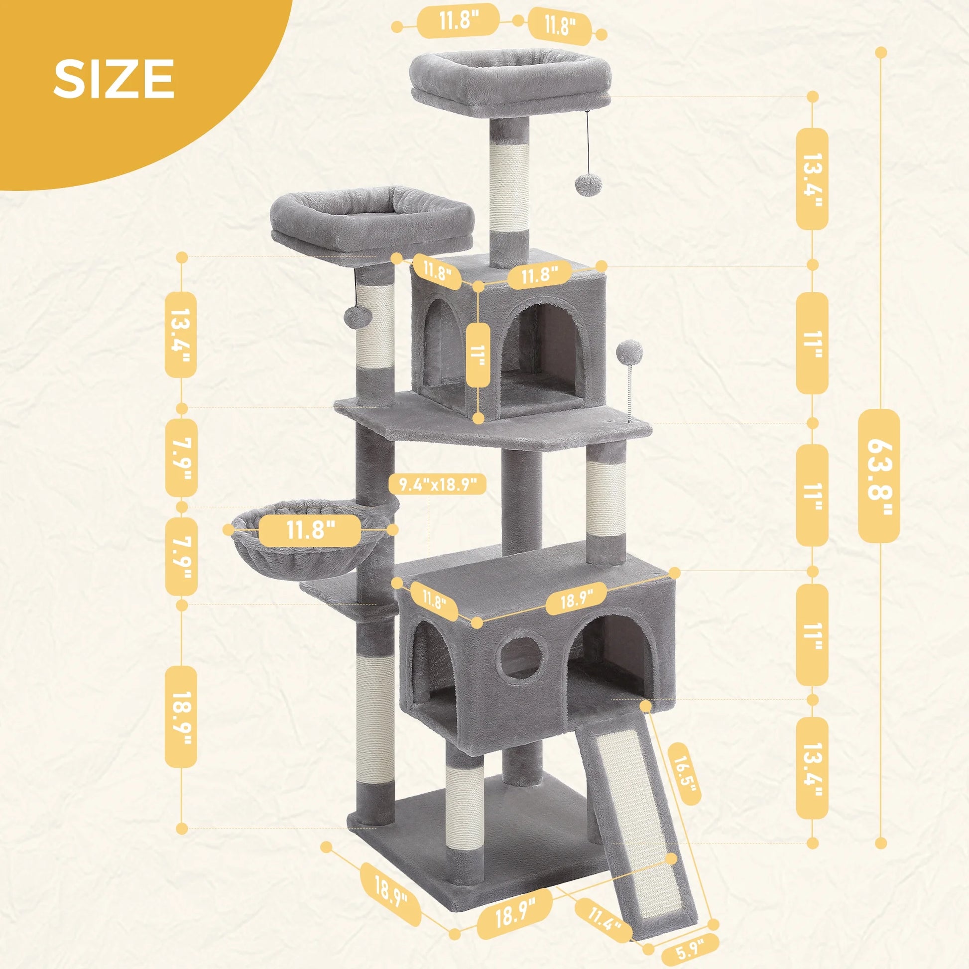 64 Inch Multi-Level Cat Tree Scratching Post Tower