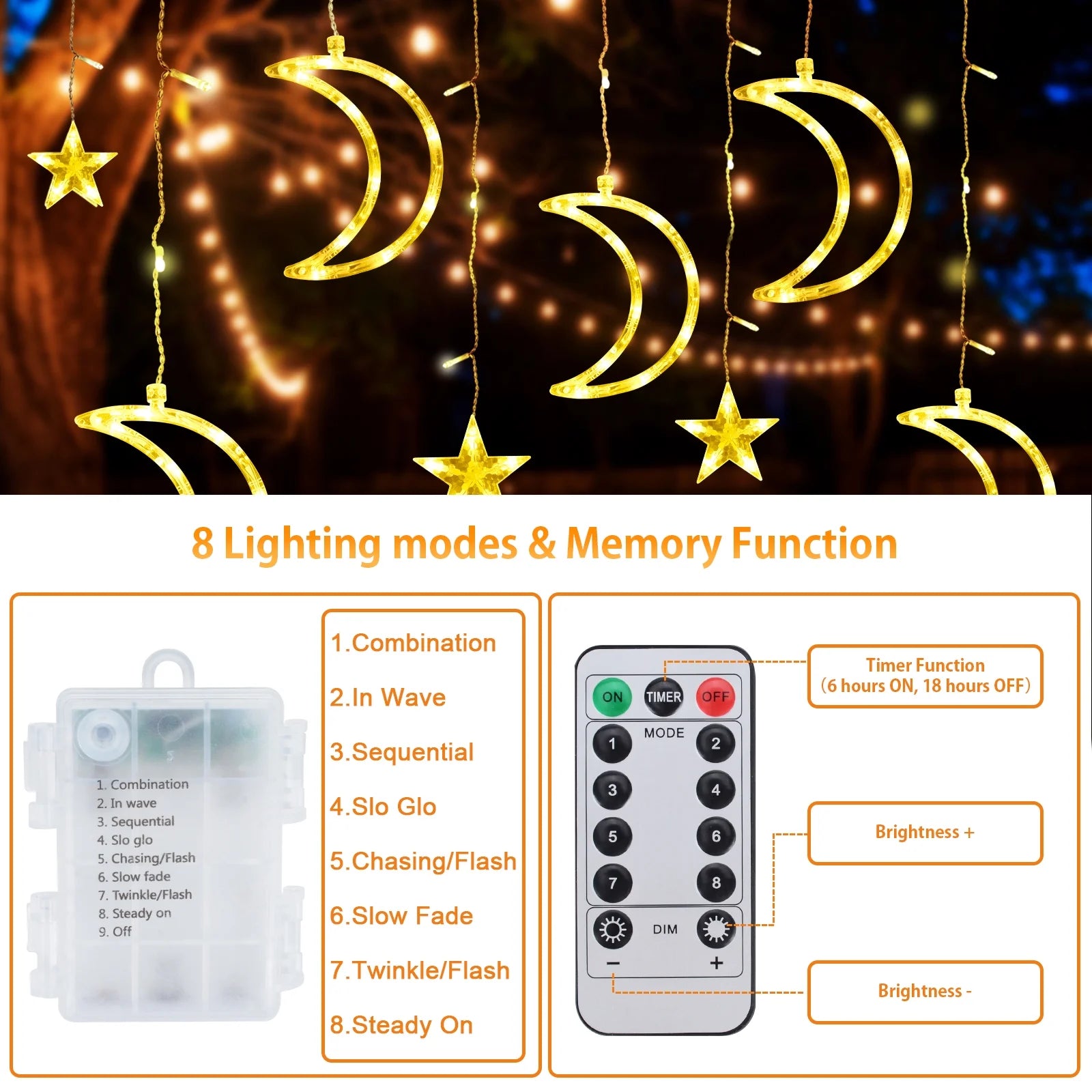 120 LED Curtain String Lights Star and Moon Fairy Lights