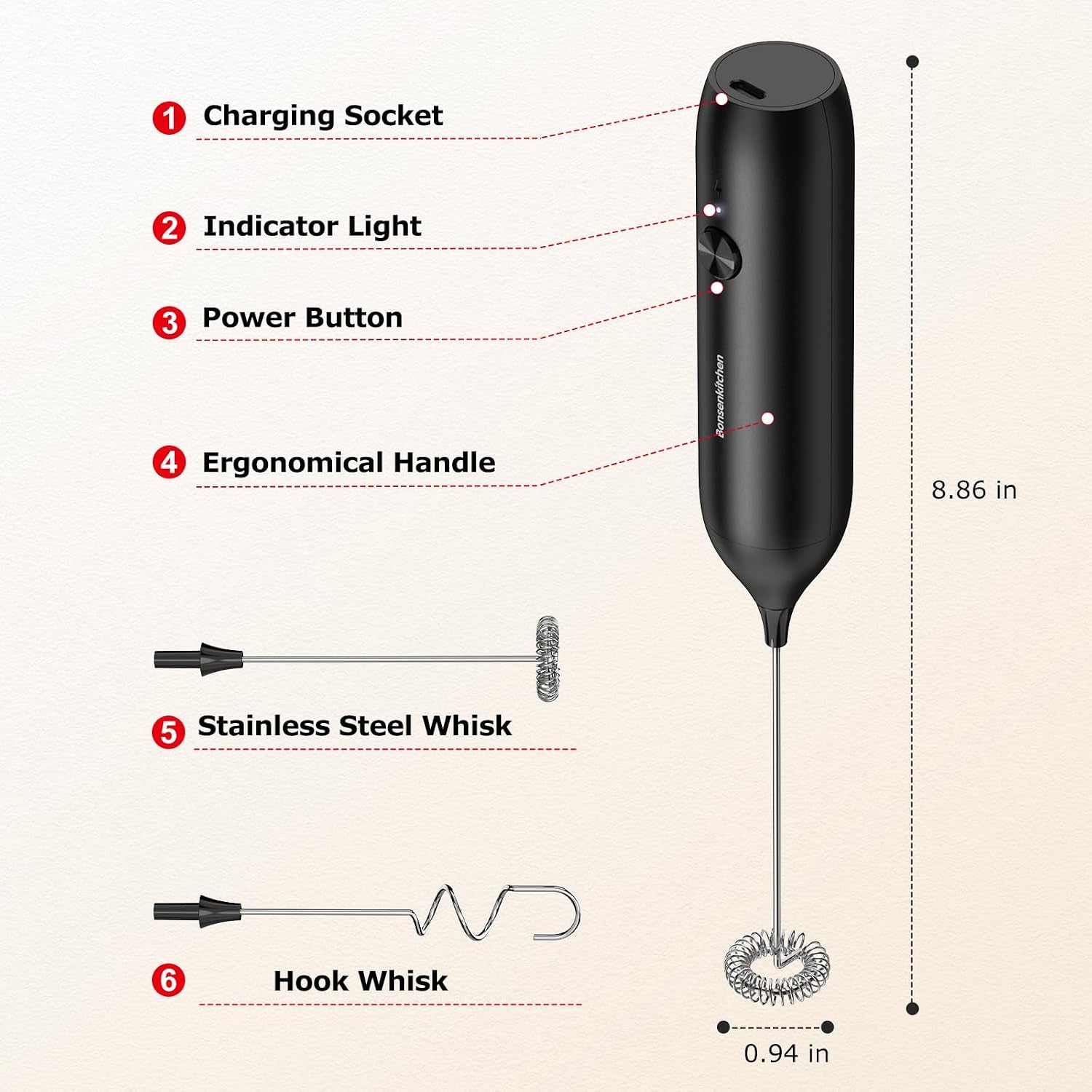 Rechargeable Handheld Milk Frother – USB-C Portable Foam Maker