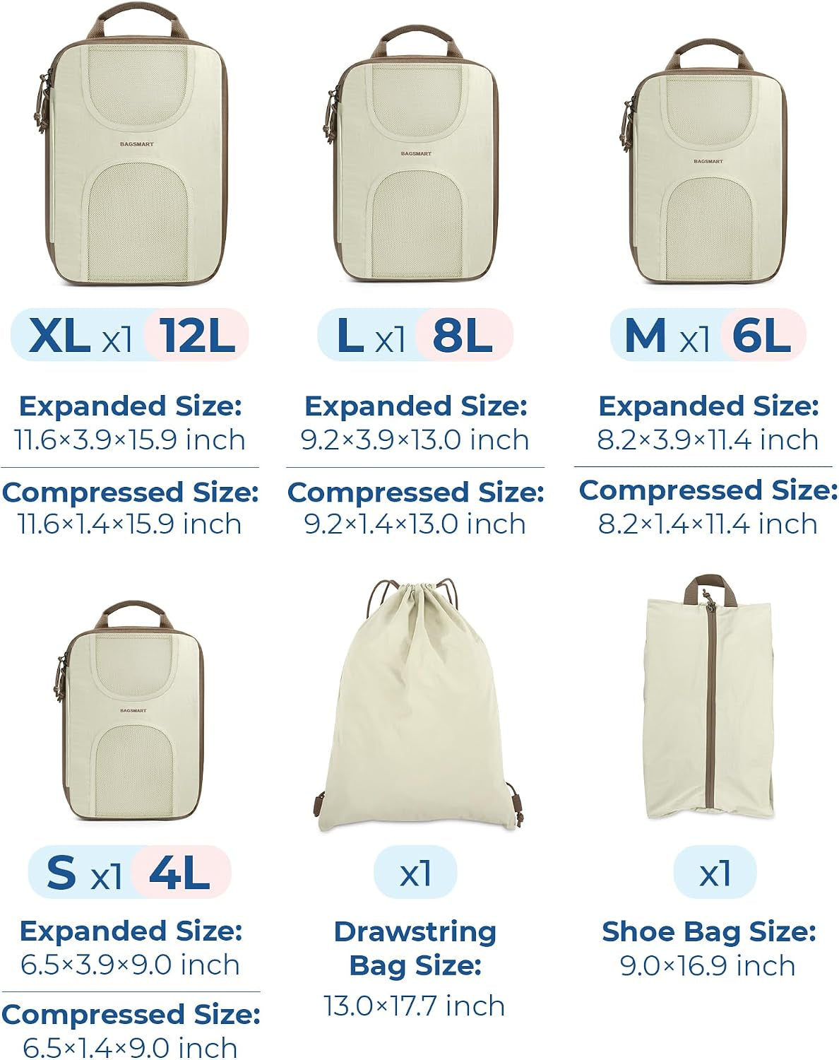 Compression Packing Cubes 6-Set Travel Luggage Organizer