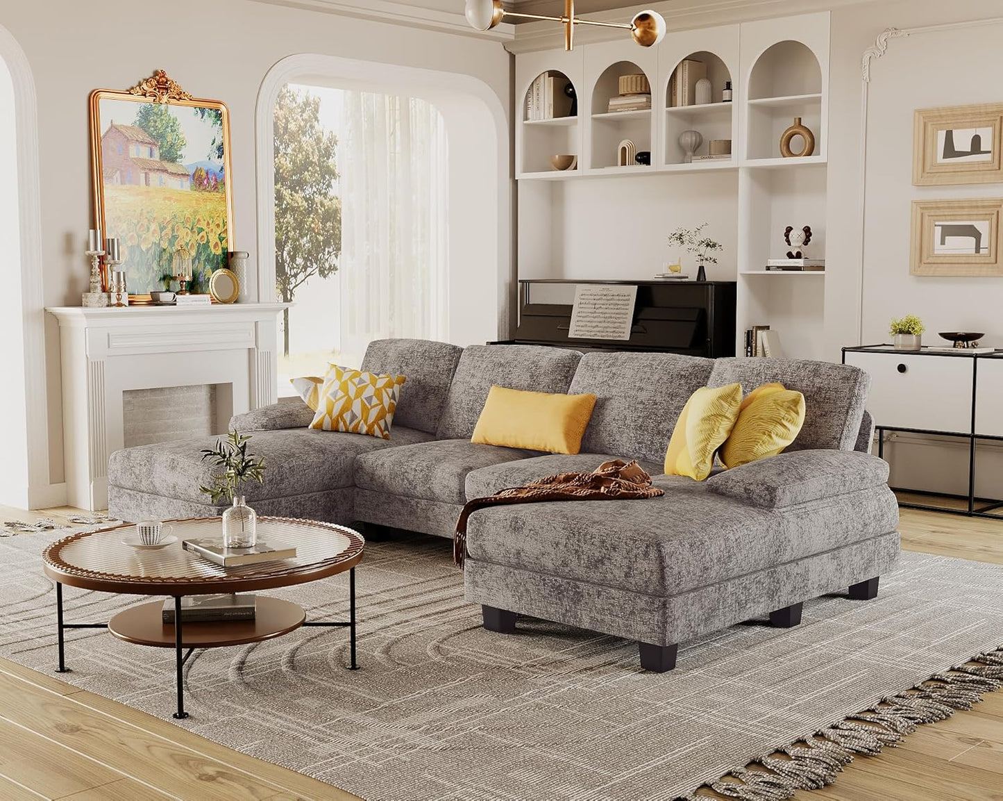 Sectional Couches for Living Room, Chenille, Grey