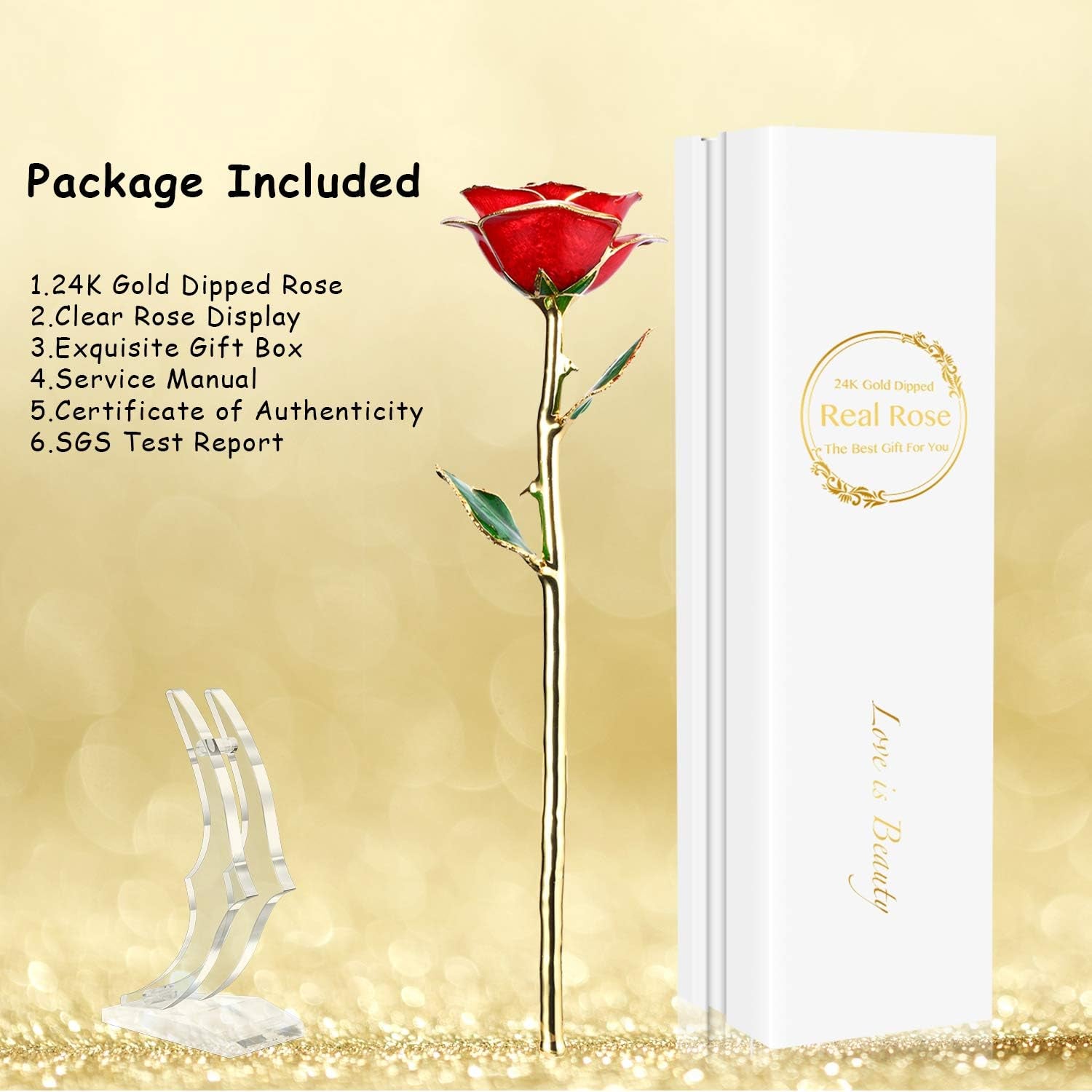 24K Gold-Dipped Real Rose with Display Stand – Anniversary Gift