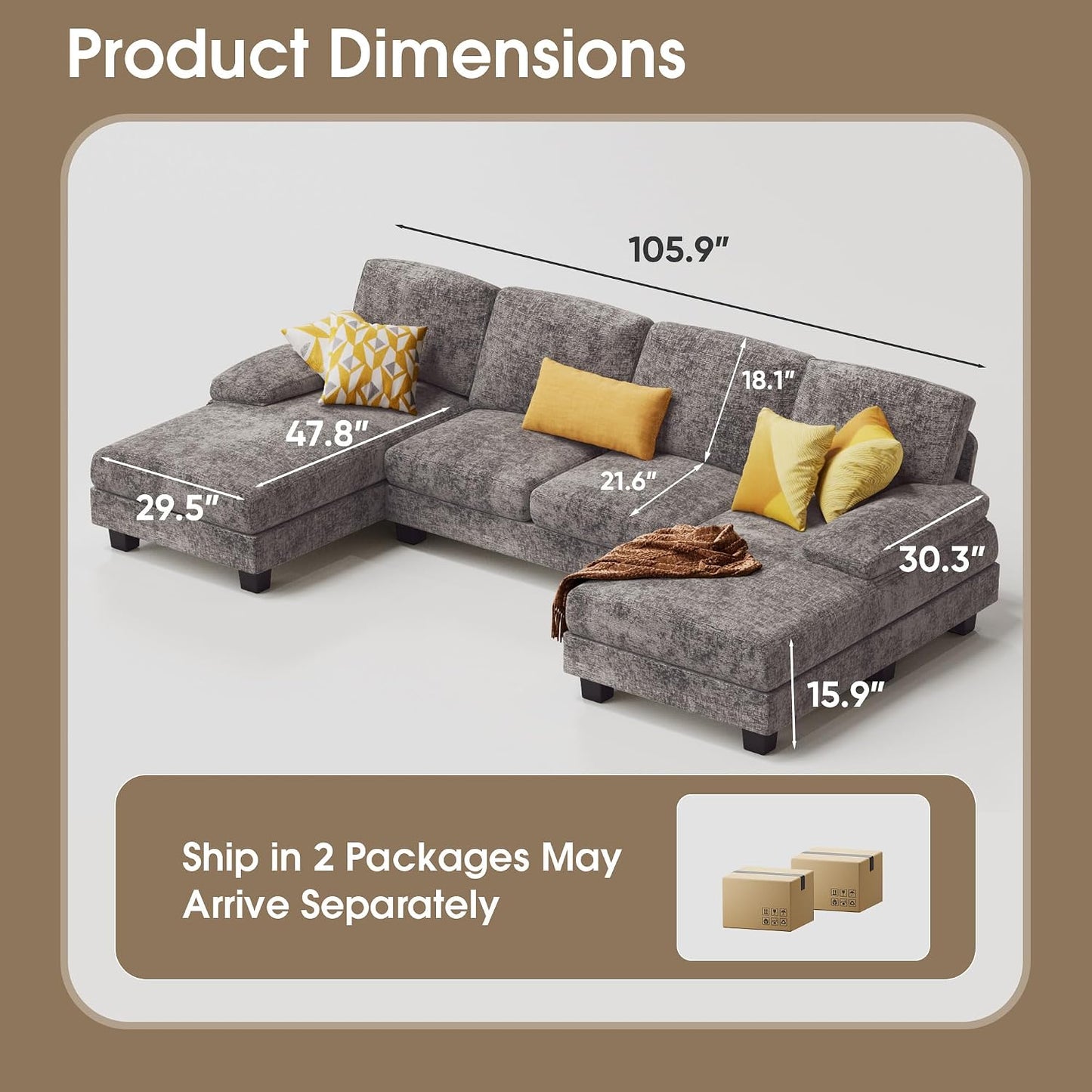 Sectional Couches for Living Room, Chenille, Grey