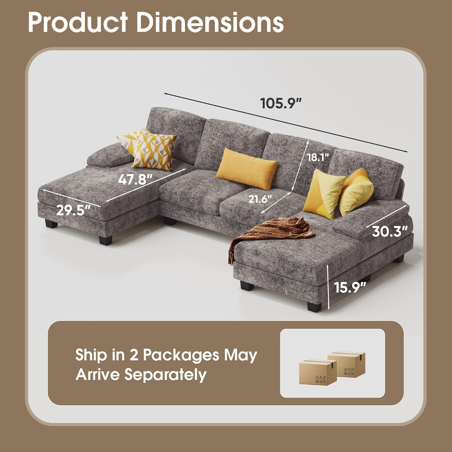 Sectional Couches for Living Room, Chenille, Grey