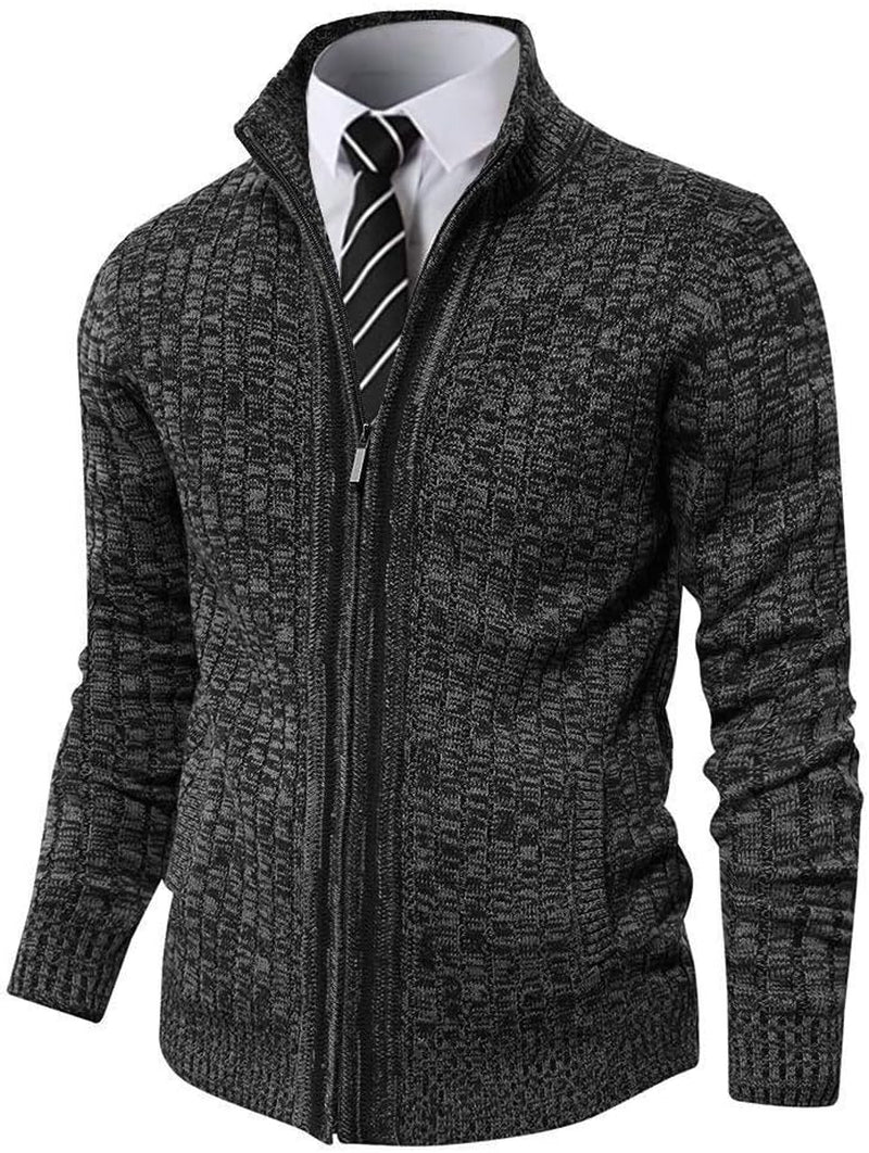 Full-Zip Knit Cardigan Sweater – Slim Fit Stand Collar with Pockets