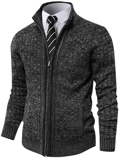 Full-Zip Knit Cardigan Sweater – Slim Fit Stand Collar with Pockets