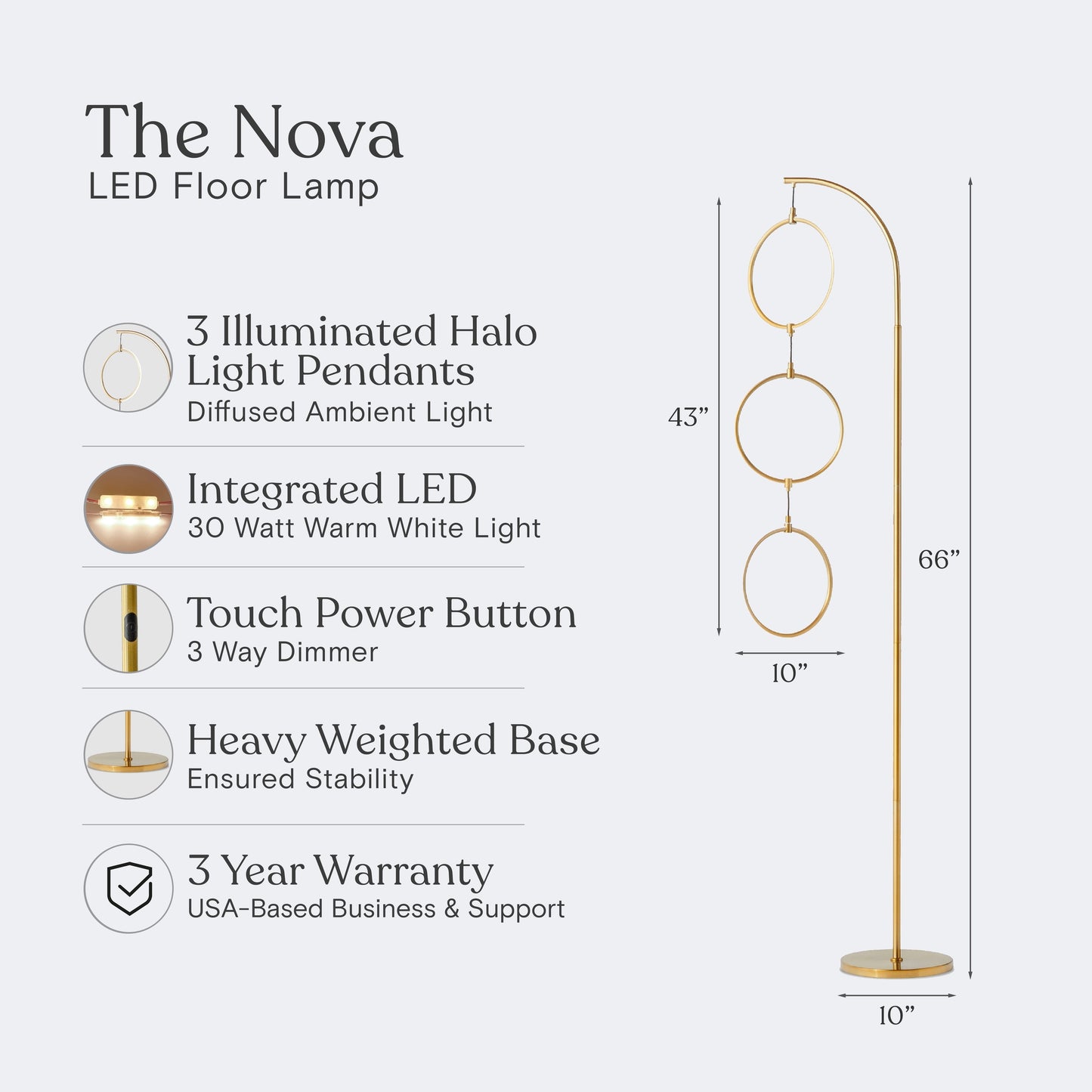 Nova 74 In. Industrial 3 Ring Light LED Super Bright Floor Lamp with 3-Way Dimmer