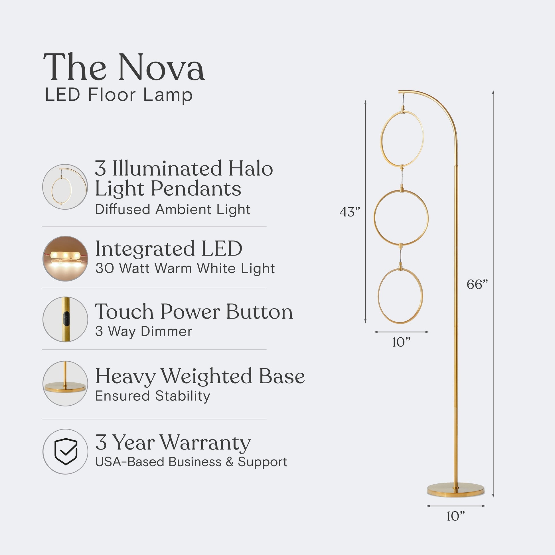 Nova 74 In. Industrial 3 Ring Light LED Super Bright Floor Lamp with 3-Way Dimmer