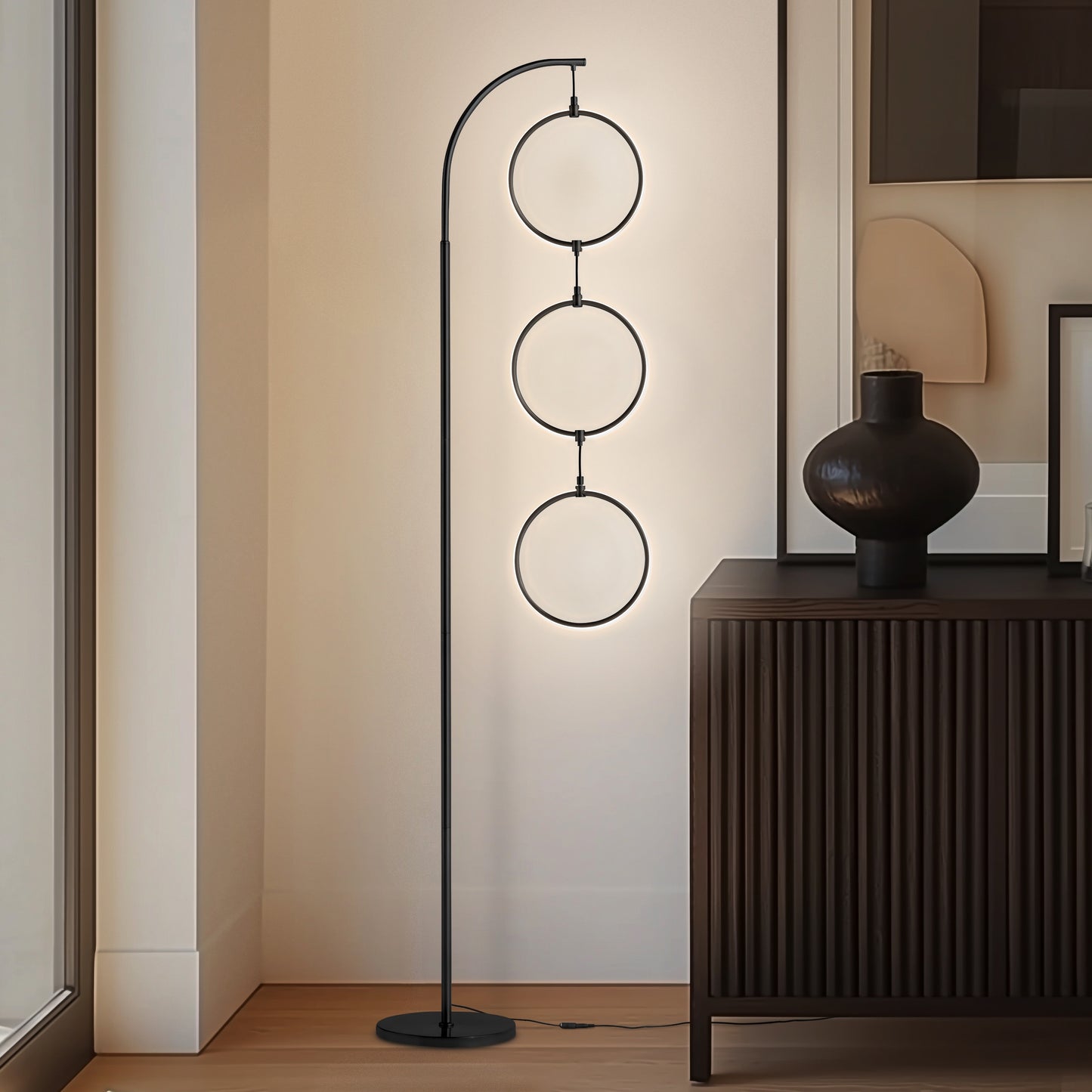 Nova 74 In. Industrial 3 Ring Light LED Super Bright Floor Lamp with 3-Way Dimmer