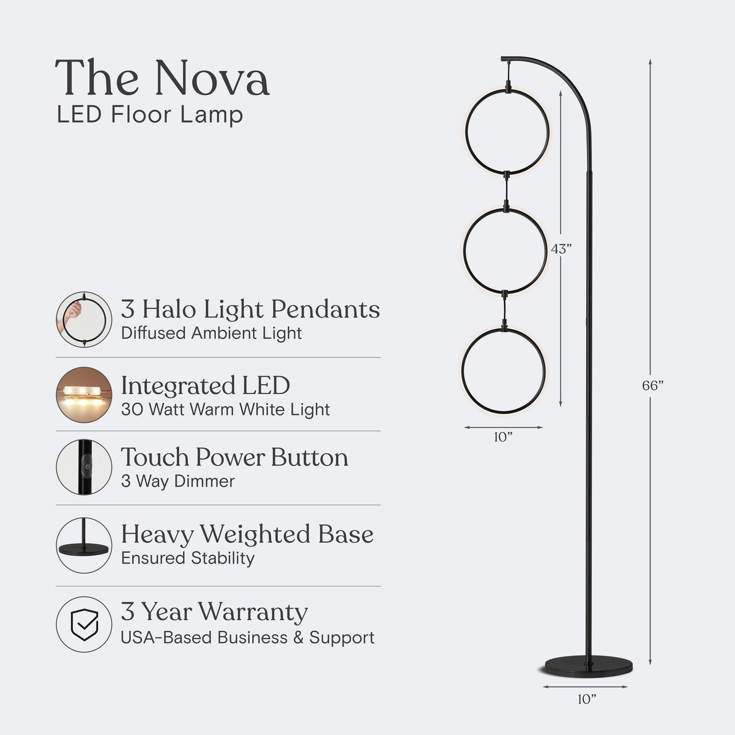 Nova 74 In. Industrial 3 Ring Light LED Super Bright Floor Lamp with 3-Way Dimmer