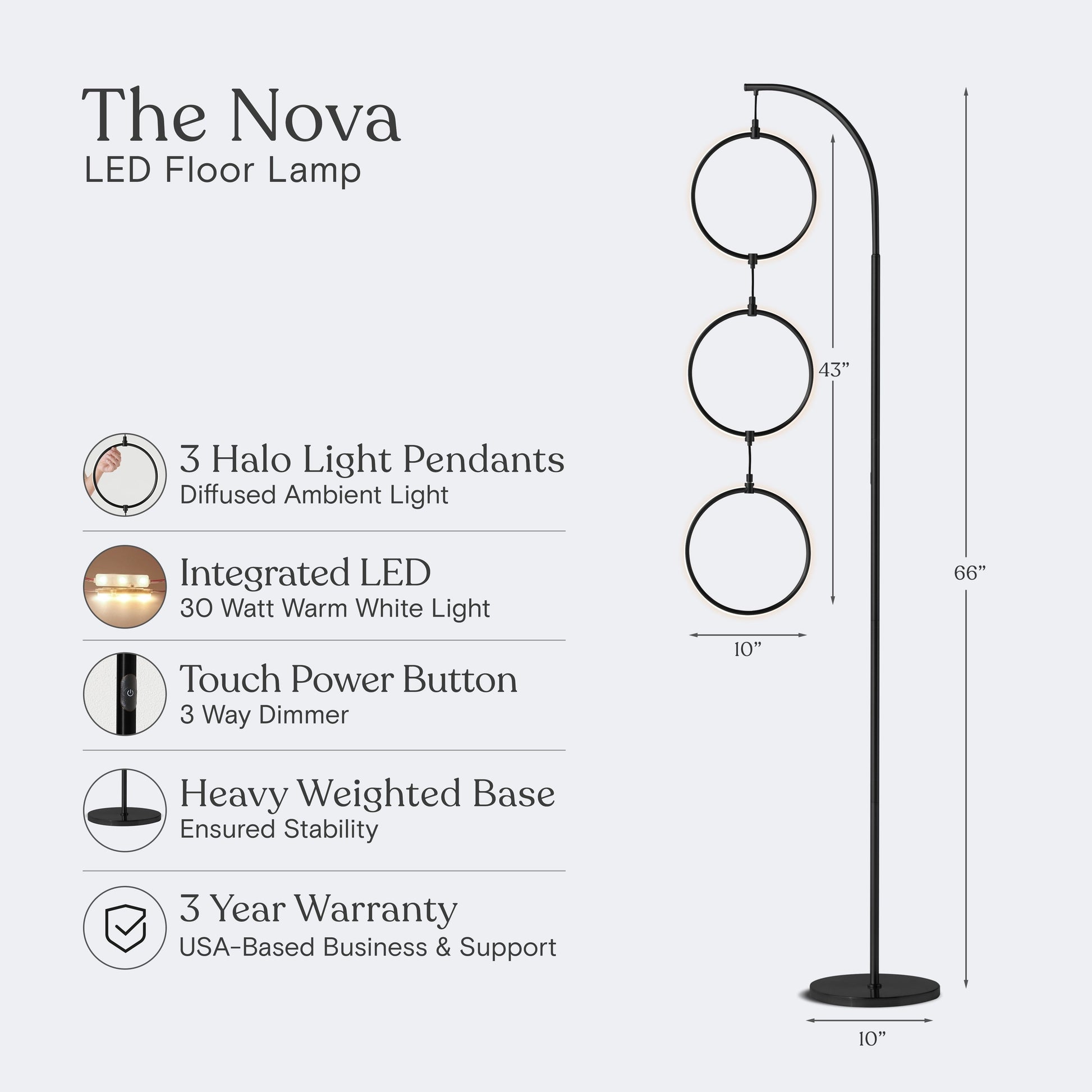 Nova 74 In. Industrial 3 Ring Light LED Super Bright Floor Lamp with 3-Way Dimmer