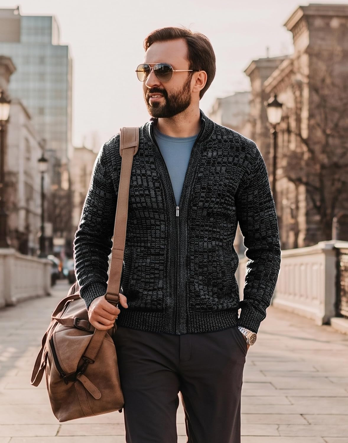 Full-Zip Knit Cardigan Sweater – Slim Fit Stand Collar with Pockets