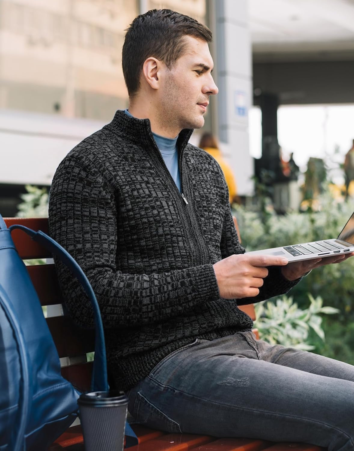 Full-Zip Knit Cardigan Sweater – Slim Fit Stand Collar with Pockets