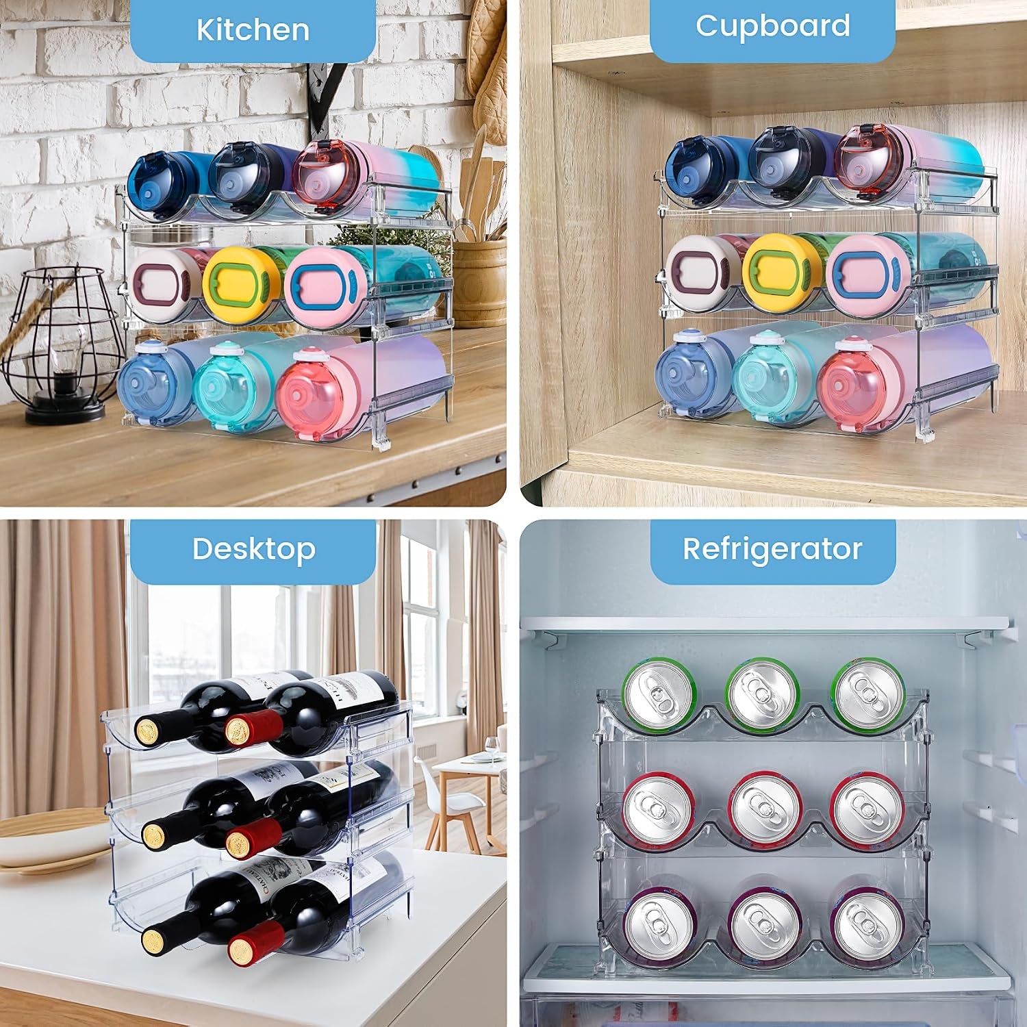 Stackable Water Bottle Organizer – 3-Pack Cabinet & Fridge Rack